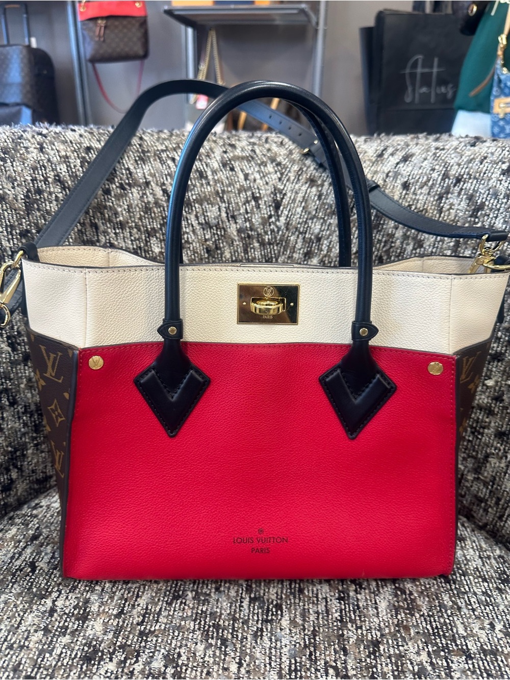 Louis Vuitton Red, Cream & Black Monogram Trim Tote